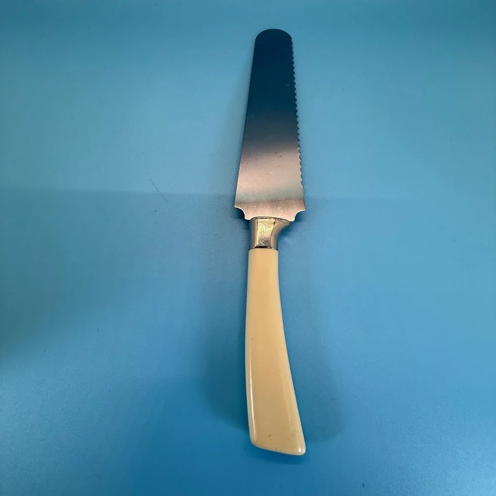 VTG Lifetime Cutlery Serrated Cake Knife Brown Cream Gold Floral Inlay MCM 10.5